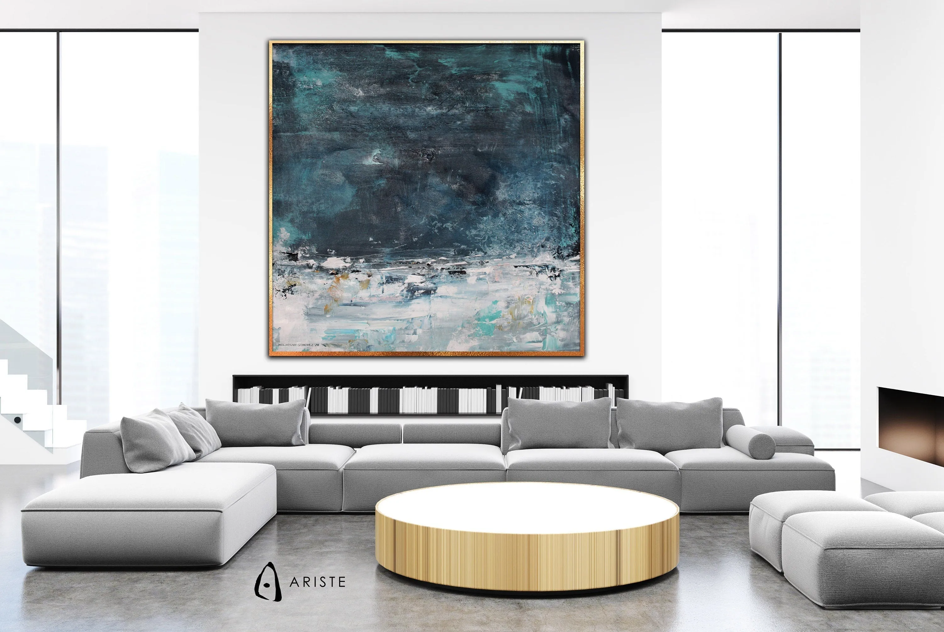 Smoky blue & white abstract oversize wall art made to order in a custom size