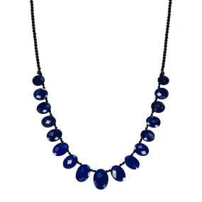 Sterling Silver Faceted Lapis Oval Beaded Necklace on Black Cord