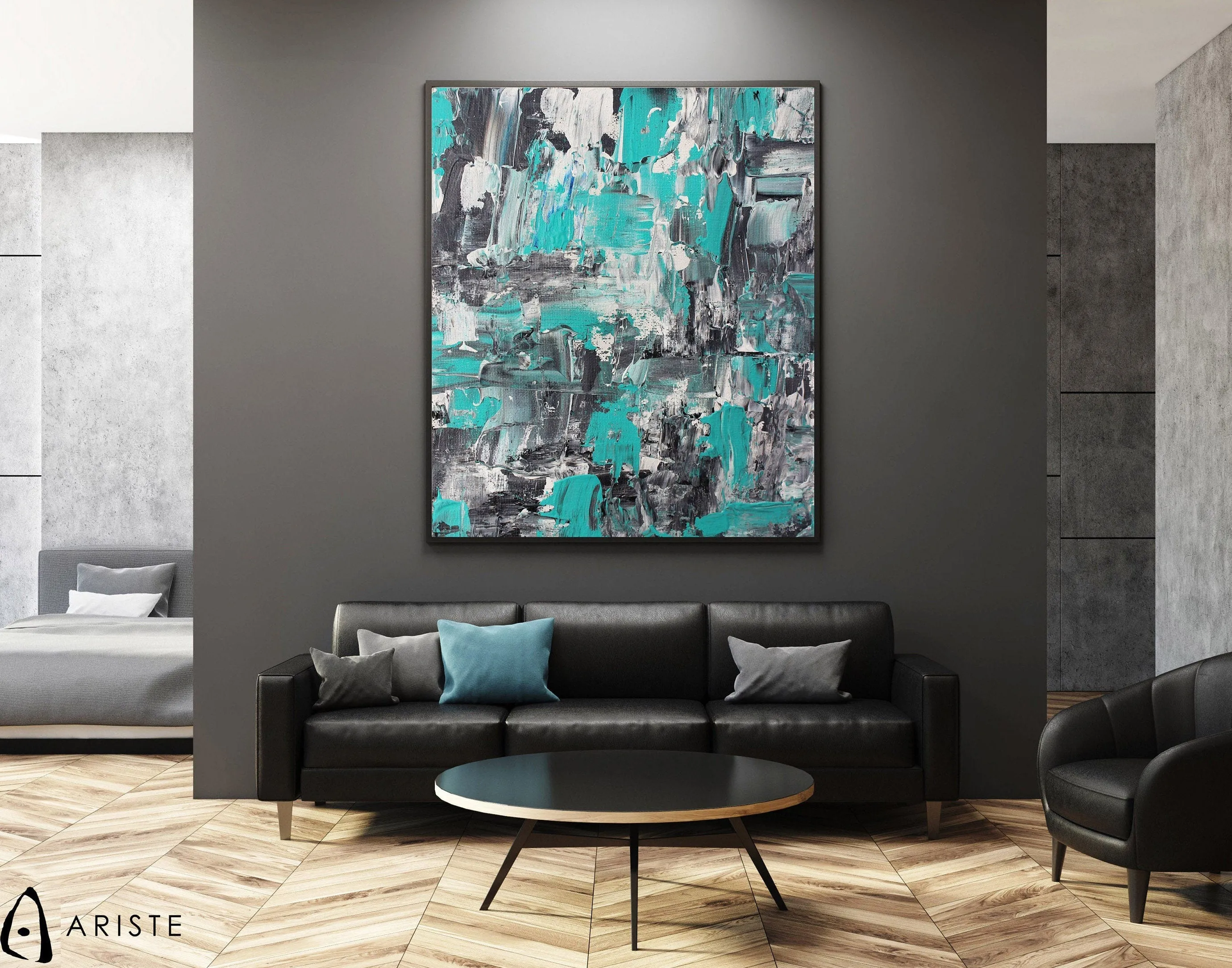 Teal & grey oversized canvas painting made to order in a custom size