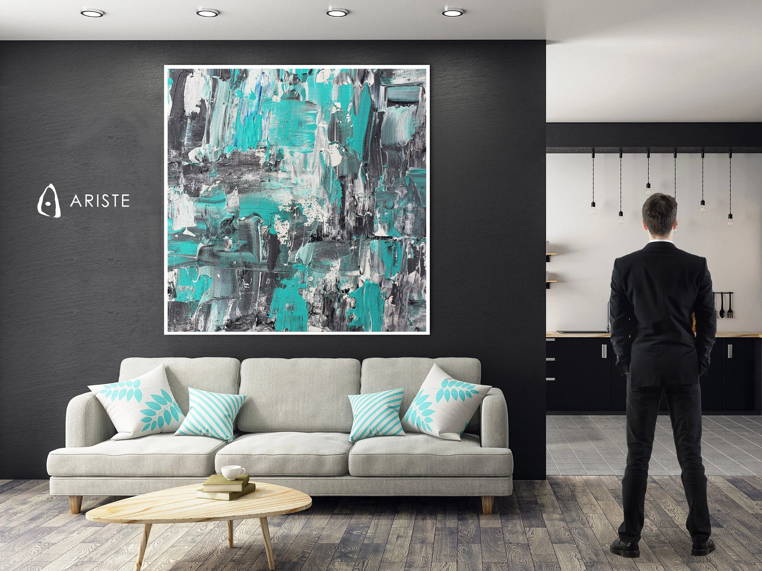 Teal & grey oversized canvas painting made to order in a custom size