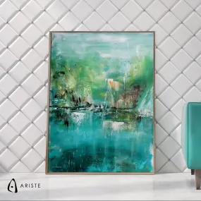 Teal blue & green abstract landscape wall art made to order in a custom size