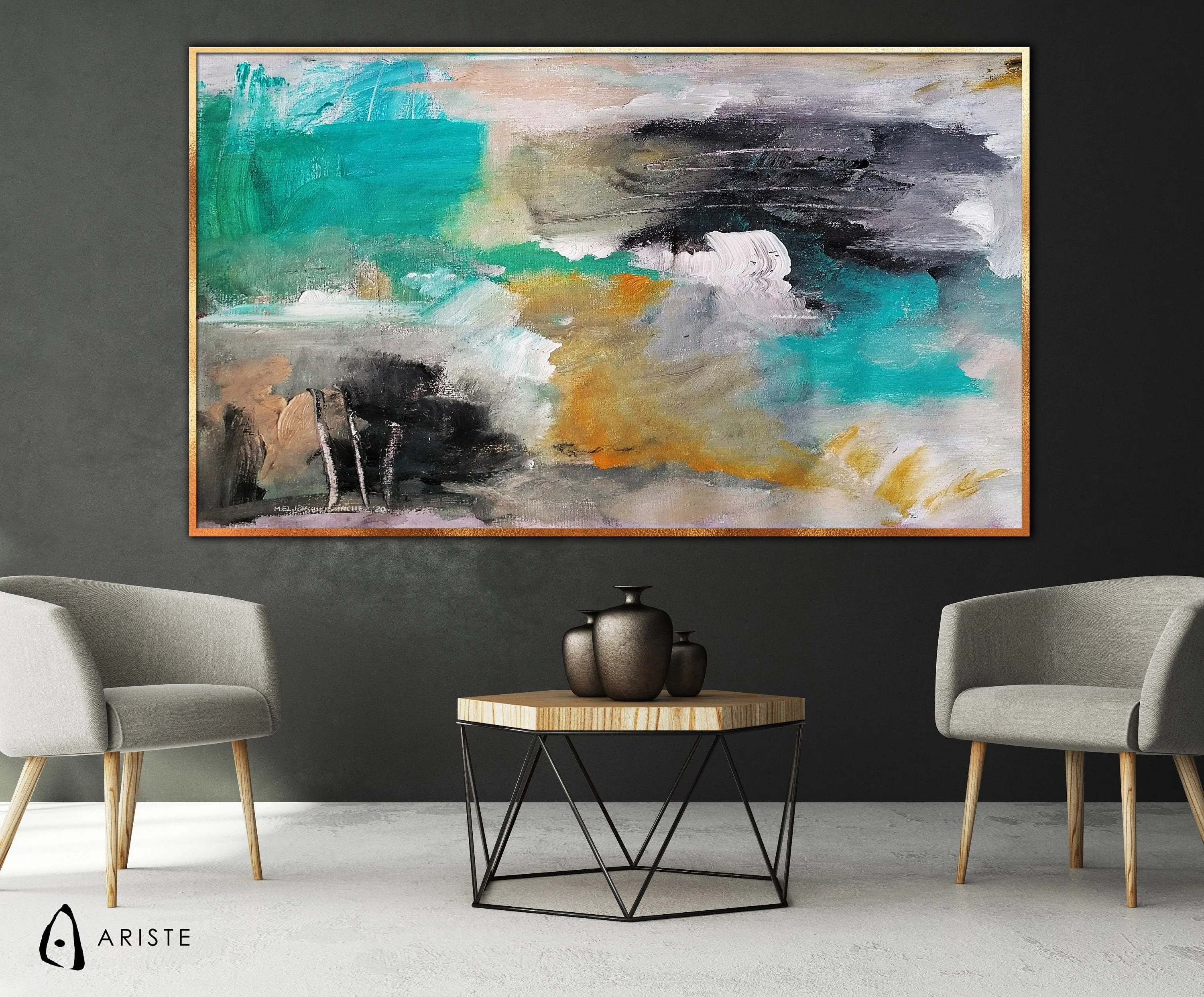 Teal green & orange abstract oversized wall art made to order in a custom size