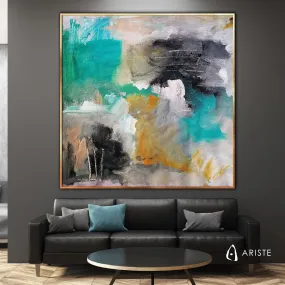 Teal green & orange abstract oversized wall art made to order in a custom size