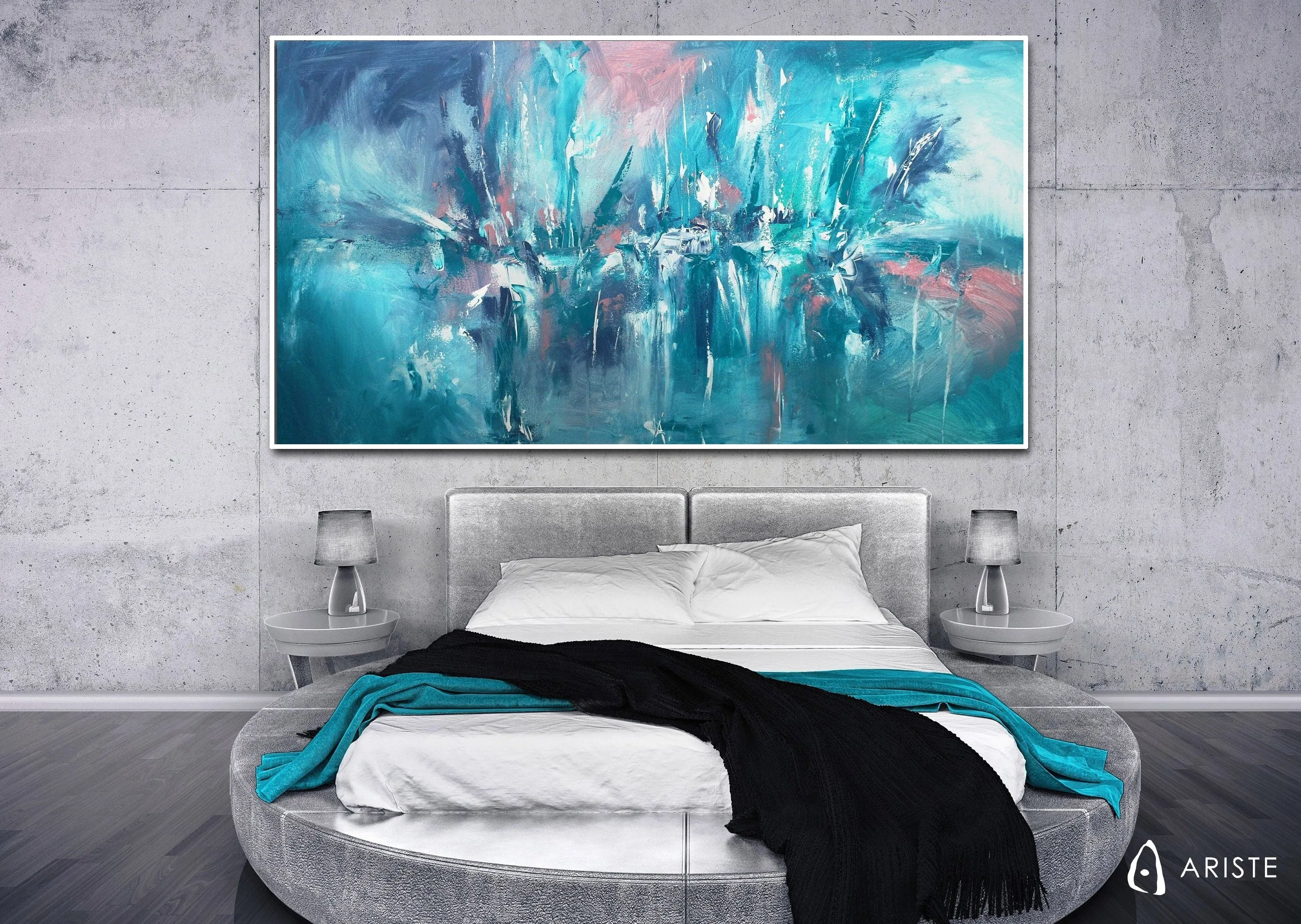 Turquoise, teal & white abstract extra large wall art made to order in a custom size