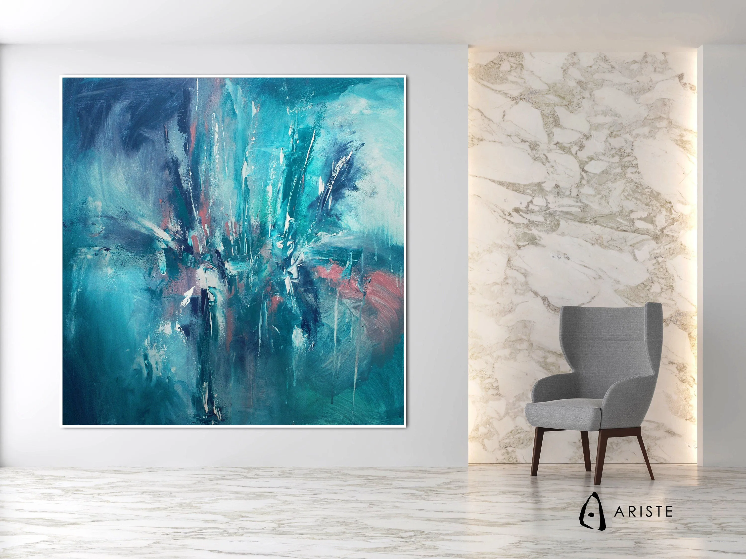 Turquoise, teal & white abstract extra large wall art made to order in a custom size