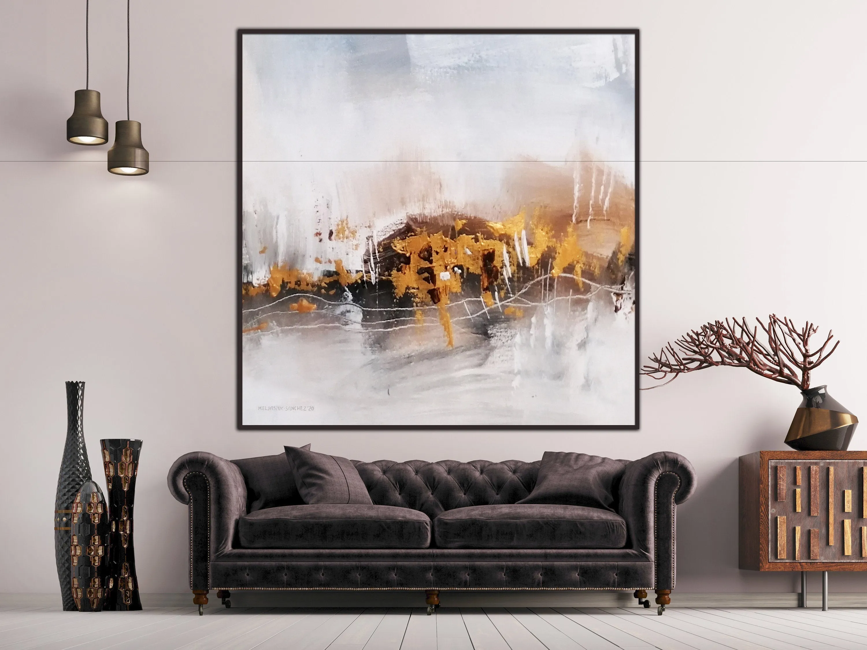 White & gold abstract oversize wall art made to order in a custom size