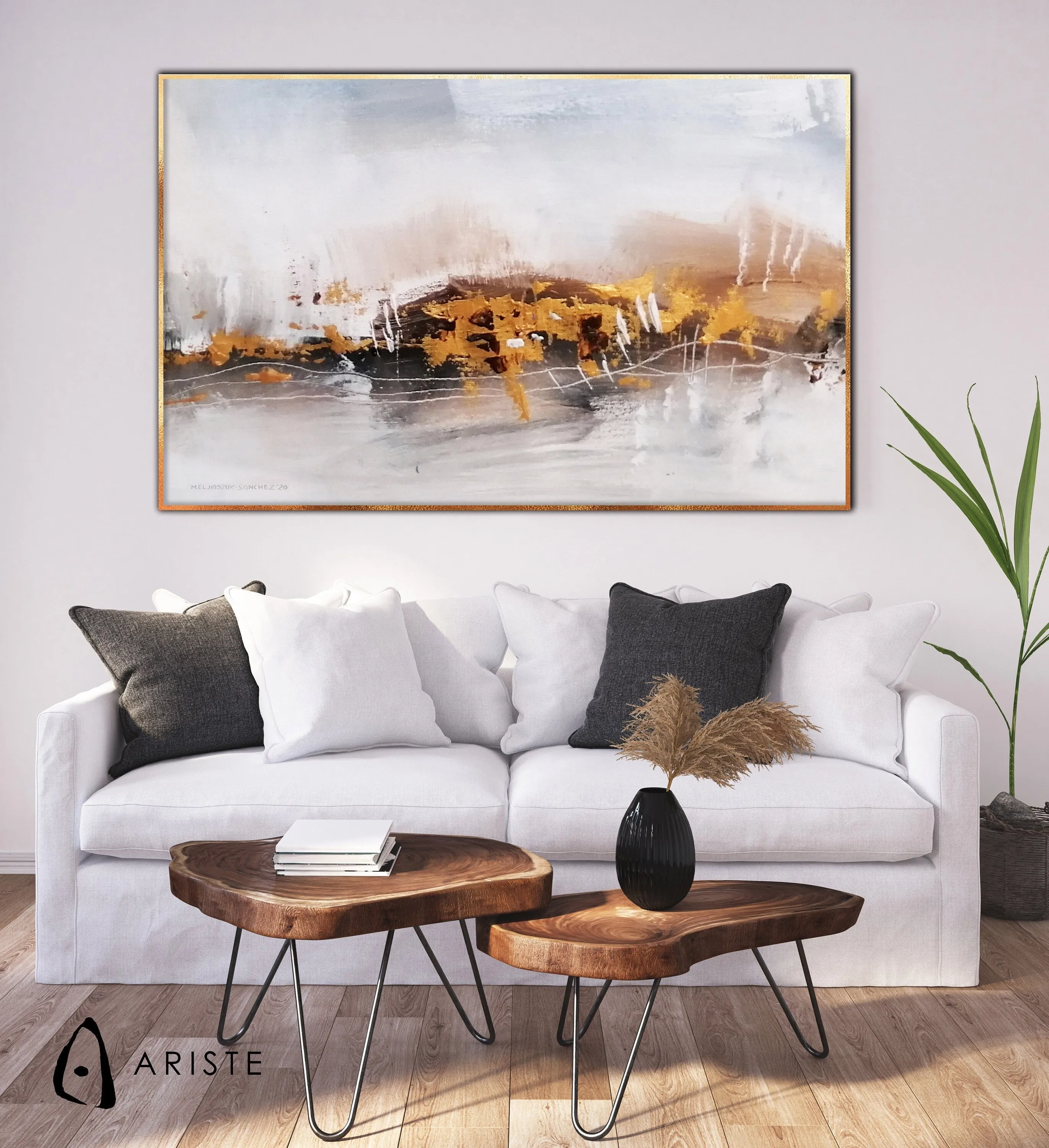 White & gold abstract oversize wall art made to order in a custom size